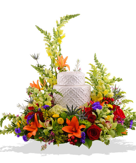 Urn wreath of roses, greenery and more. 